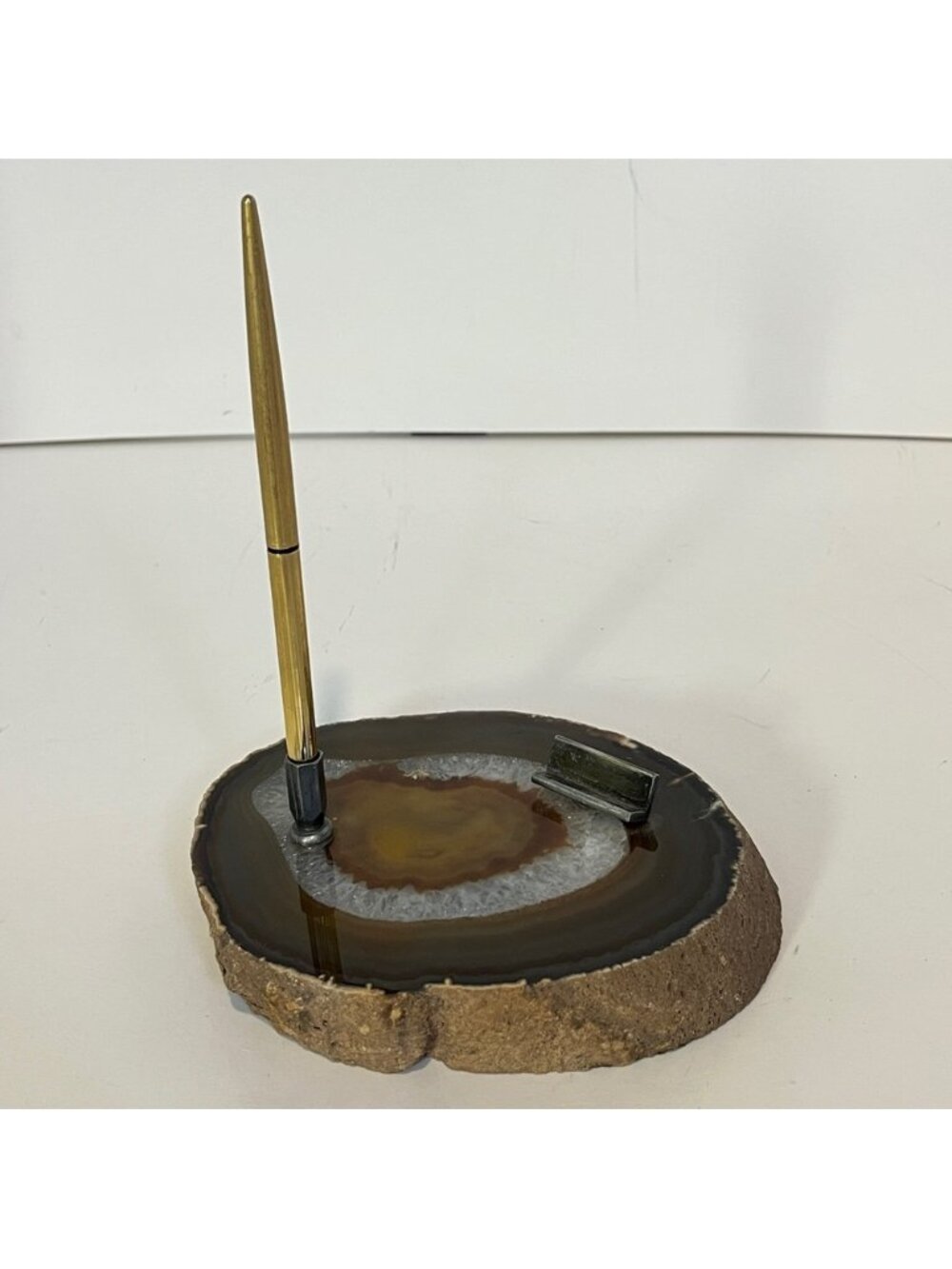 Vintage Geode Sliced Rock Pen Holder MCM Mid-Century Modern Agate Heavy Stone